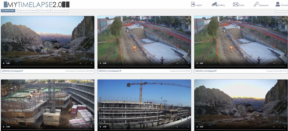timelapselab software interface. Six video screens you construction sites